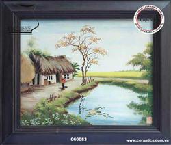 Tranh sứ vẽ cảnh nhà tranh bên cánh đồng lúa